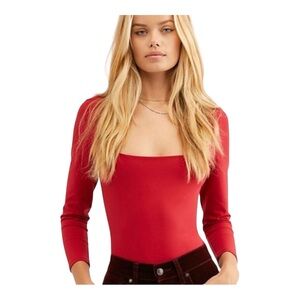 Free People Intimately Red Truth or Square Long Sleeve Bodysuit Boho Chic Medium